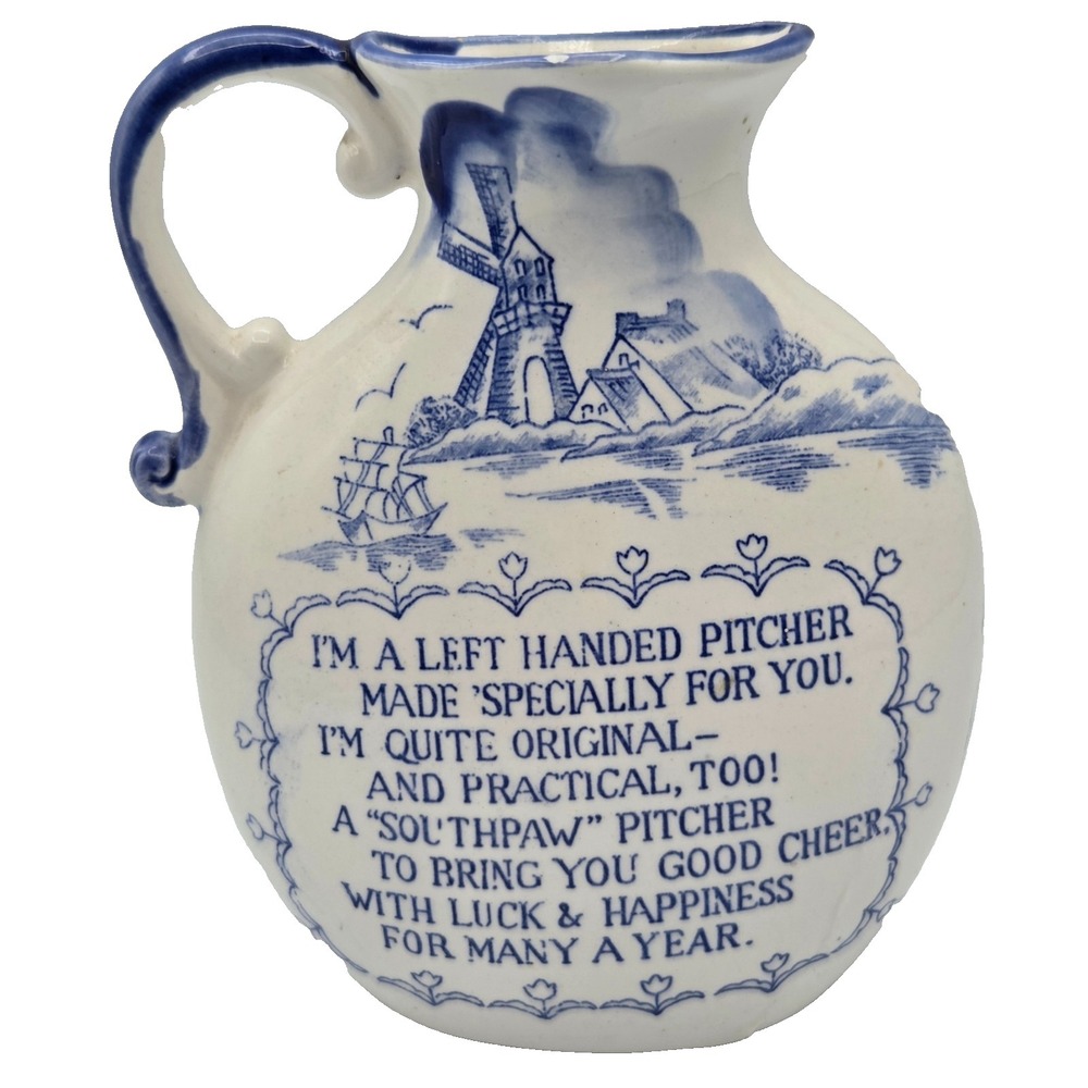 Vintage Dutch Holland Ceramic I'M A LEFT HANDED SOUTHPAW PITCHER Luck Happiness